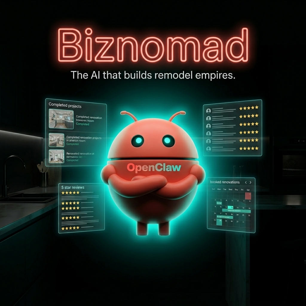 OpenClaw mascot in remodel command center with revenue dashboards trending up